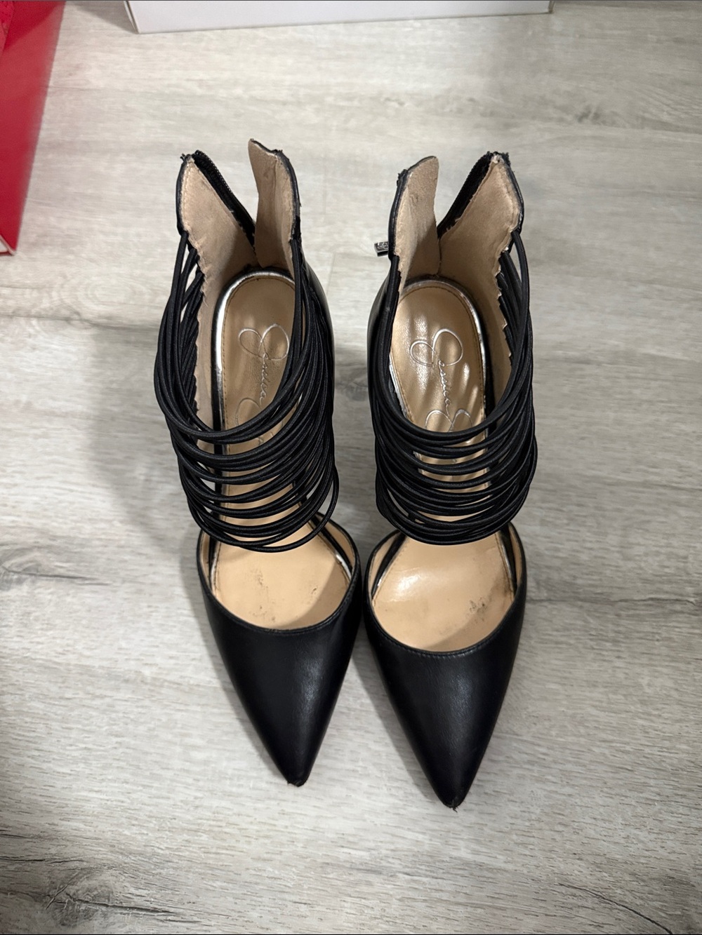 Jessica Simpson Black Pointed-Toe Cage Strap Heels